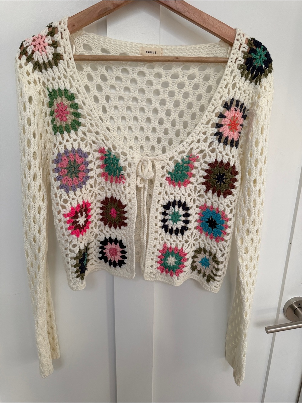 debut cream crochet tie-front cardigan with colorful floral squares